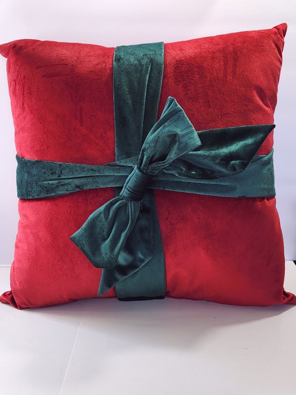 Decorative Throw Pillow Red with Green Accent Ribbon 17x17 Holiday Theme